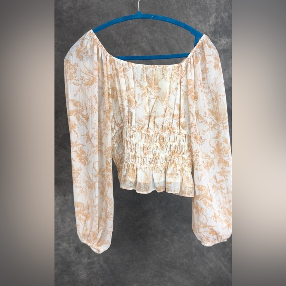 Express Sheer Floral Ruched Blouse / Ivory Gold / S - Picture 4 of 8